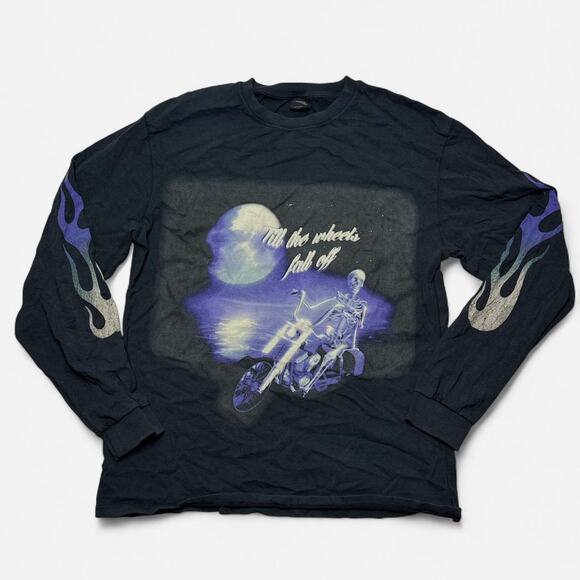 Urban Outfitters Flames Skeleton Motorcycle Graphic Long Sleeve Shirt Size S - Picture 1 of 5
